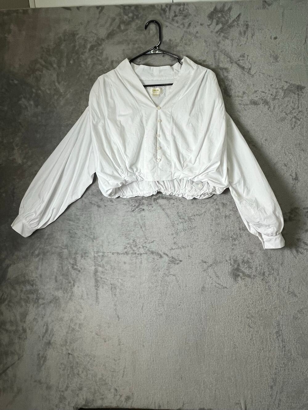 Maeve Crop Bubble Shirt White Medium Button Front Balloon Sleeve Blouse Modern